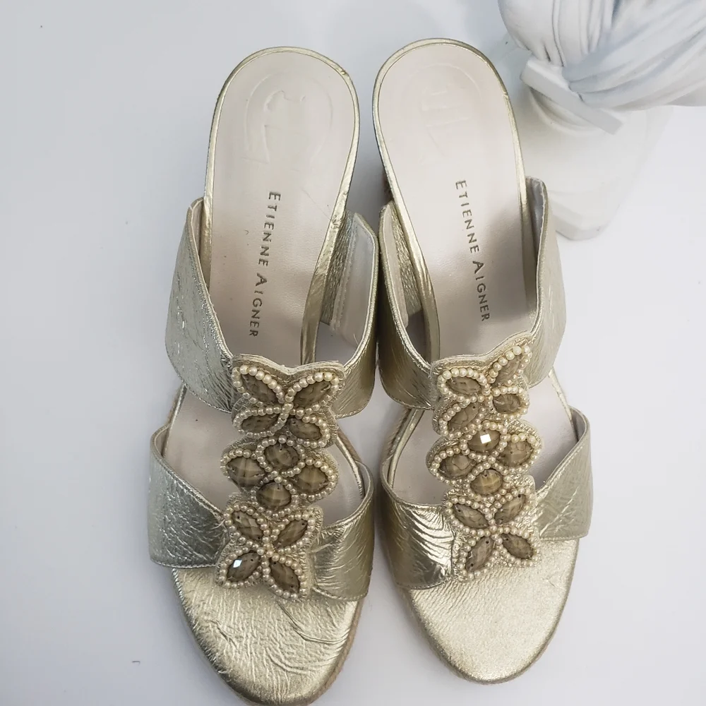Etienne Aigner Gold w/Jewels & Pearls Wedge - Lamay Vintage Glamoratti Retro 8.5